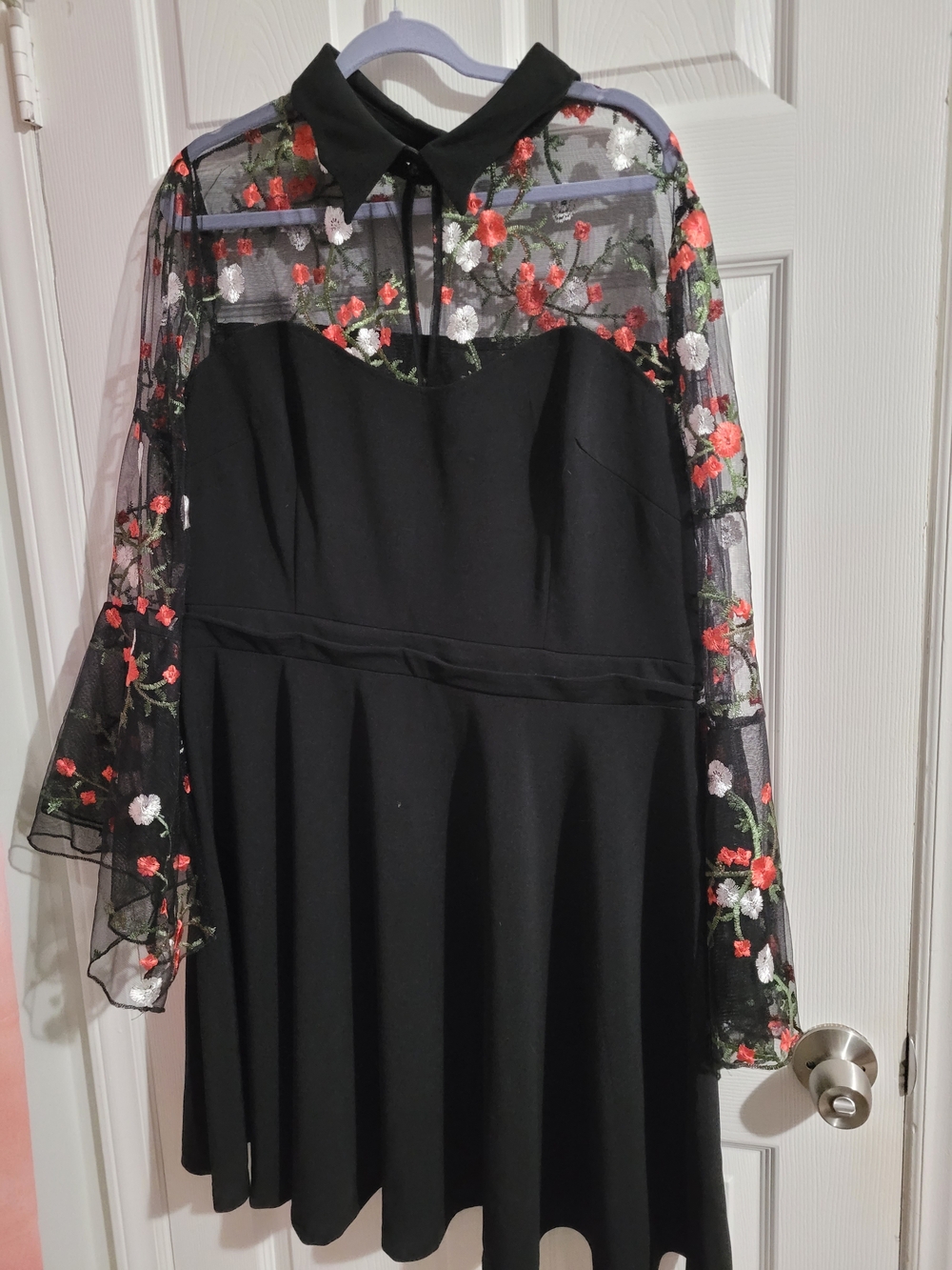 Black Floral Mesh Sleeve Fit-and-Flare Dress